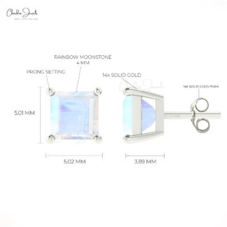 Genuine 4mm Rainbow Moonstone Solitaire Studs in 14k Solid Gold June Birthstone Earrings