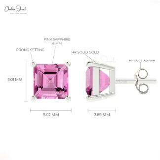 Solid 14k Gold Pink Sapphire Studs Genuine 4mm September Birthstone Earrings For Gift
