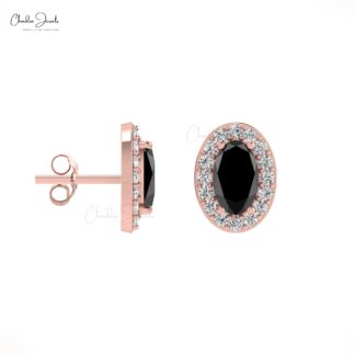 Natural 0.64ct Black Diamond Dainty Earrings 14k Solid Gold White Diamond Halo Studs For Gift