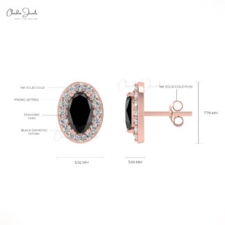 Natural 0.64ct Black Diamond Dainty Earrings 14k Solid Gold White Diamond Halo Studs For Gift
