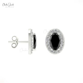 Natural 0.64ct Black Diamond Dainty Earrings 14k Solid Gold White Diamond Halo Studs For Gift