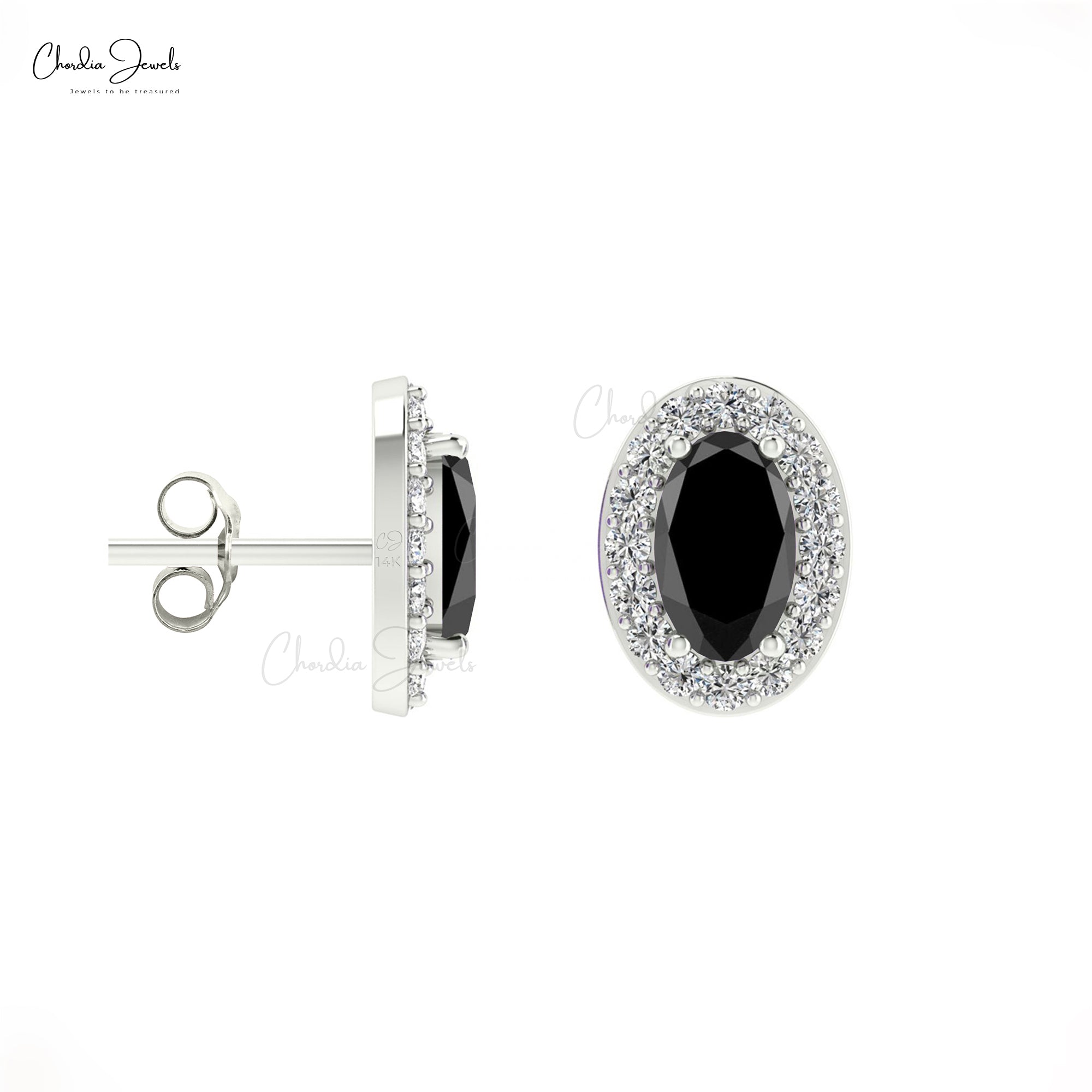 Natural 0.64ct Black Diamond Dainty Earrings 14k Solid Gold White Diamond Halo Studs For Gift