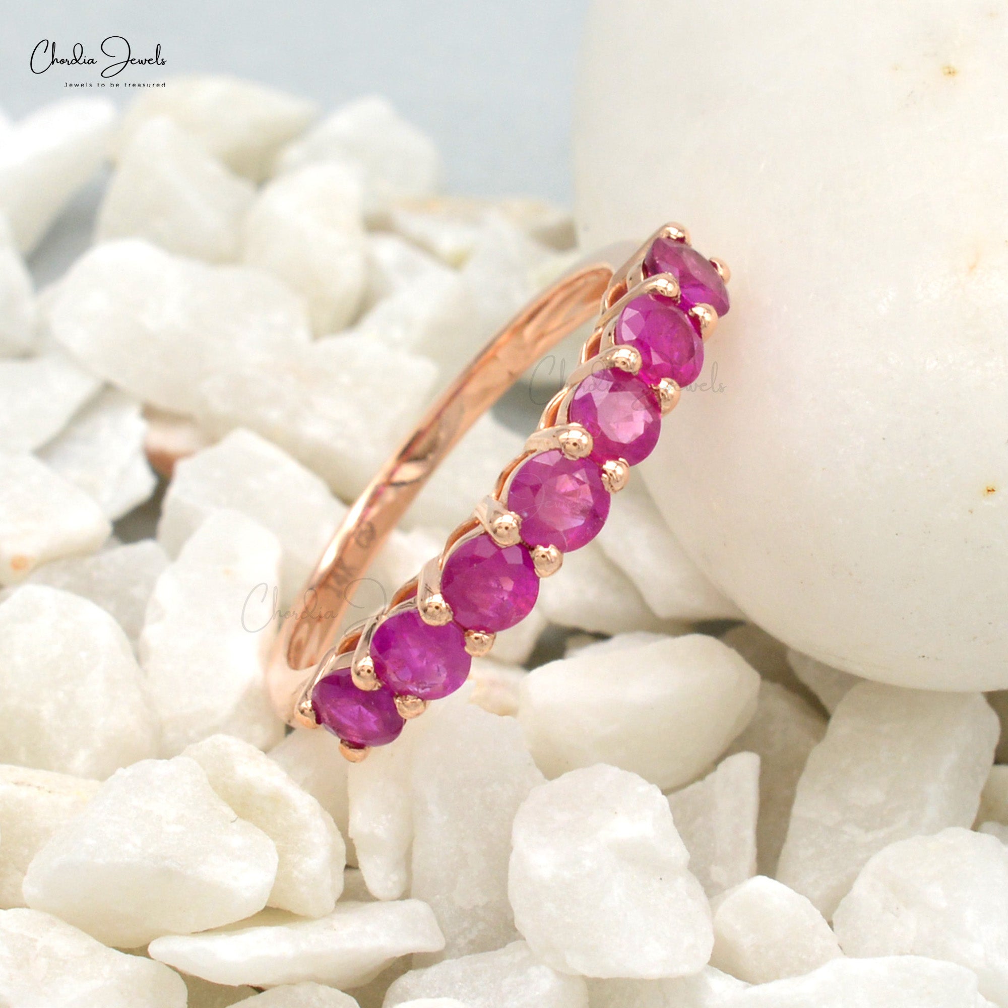 Seven Stone Ring with Genuine Ruby 14k Rose Gold Handcrafted Half Eternity Ring
