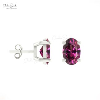 Solid 14k Gold Solitaire Earrings Natural 6X4MM Rhodolite Garnet Elegant Studs For Gift