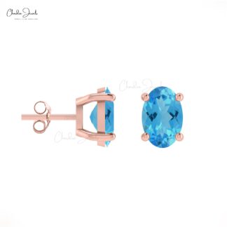 Genuine Swiss Blue Topaz Solitaire Earrings 14k Real Gold December Birthstone Studs