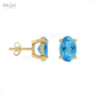 Genuine Swiss Blue Topaz Solitaire Earrings 14k Real Gold December Birthstone Studs