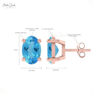 Genuine Swiss Blue Topaz Solitaire Earrings 14k Real Gold December Birthstone Studs