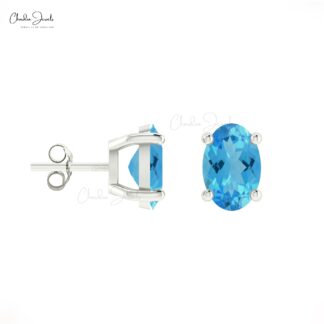 Genuine Swiss Blue Topaz Solitaire Earrings 14k Real Gold December Birthstone Studs