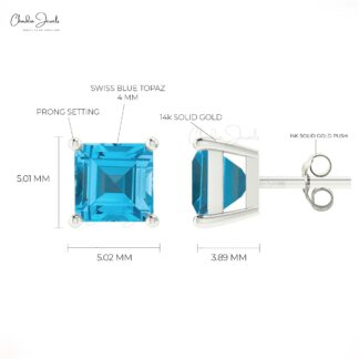Natural Swiss Blue Topaz Stud Earrings in 14k Solid Gold Dainty Square Gemstone Studs