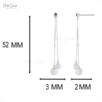 Long Dainty Opal Emerald Drop Earrings in Solid Gold