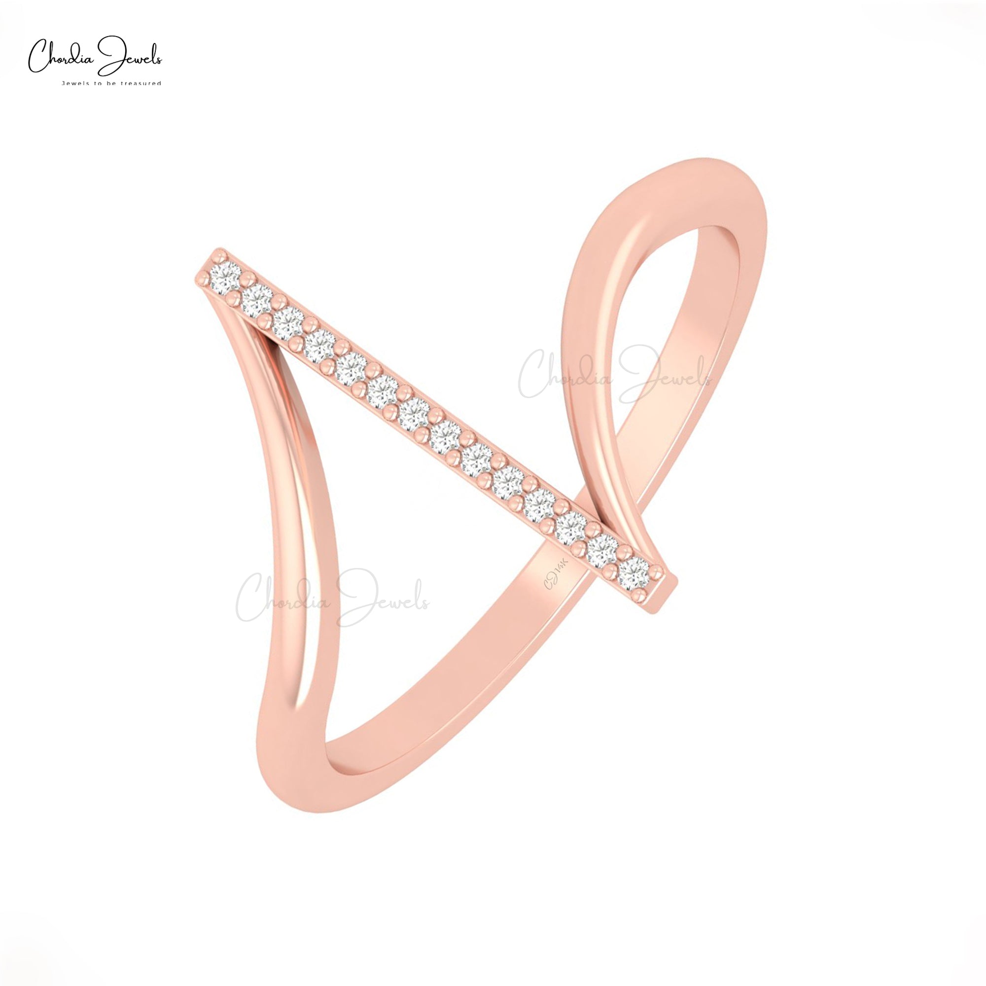 Dainty Diamond Bar Ring In Real 14k Gold White Diamond Pave Set Hallmarked Rings