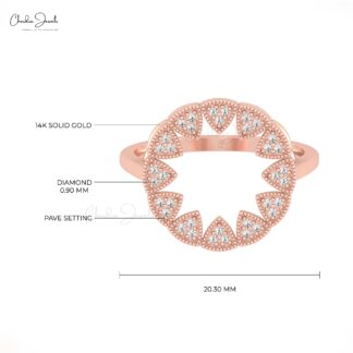 Round Cut Sun Starbust Ring With 0.9mm White Diamond Handmade Rings In 14k Real Gold