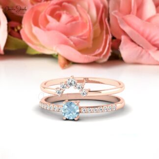 Solitaire Dual Band With 0.27 Ct Aquamarine And Diamond Chevron 14k Real Gold Ring