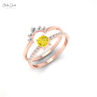 Double Stack Band in Real 14k Gold Yellow Sapphire 4mm Gemstone Diamond Ring