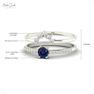 Chevron Dual Band in 14k Gold With 4mm Blue Sapphire And Pave Diamond Stackable Ring