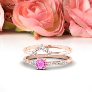 Stack Chevron Ring With 0.23 Ct Pink Sapphire And Diamond 14k Solid Gold Band