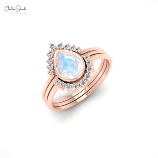 Halo Diamond Style Stacking Band With 7x5mm Moonstone Engagement Ring In 14k Real Gold