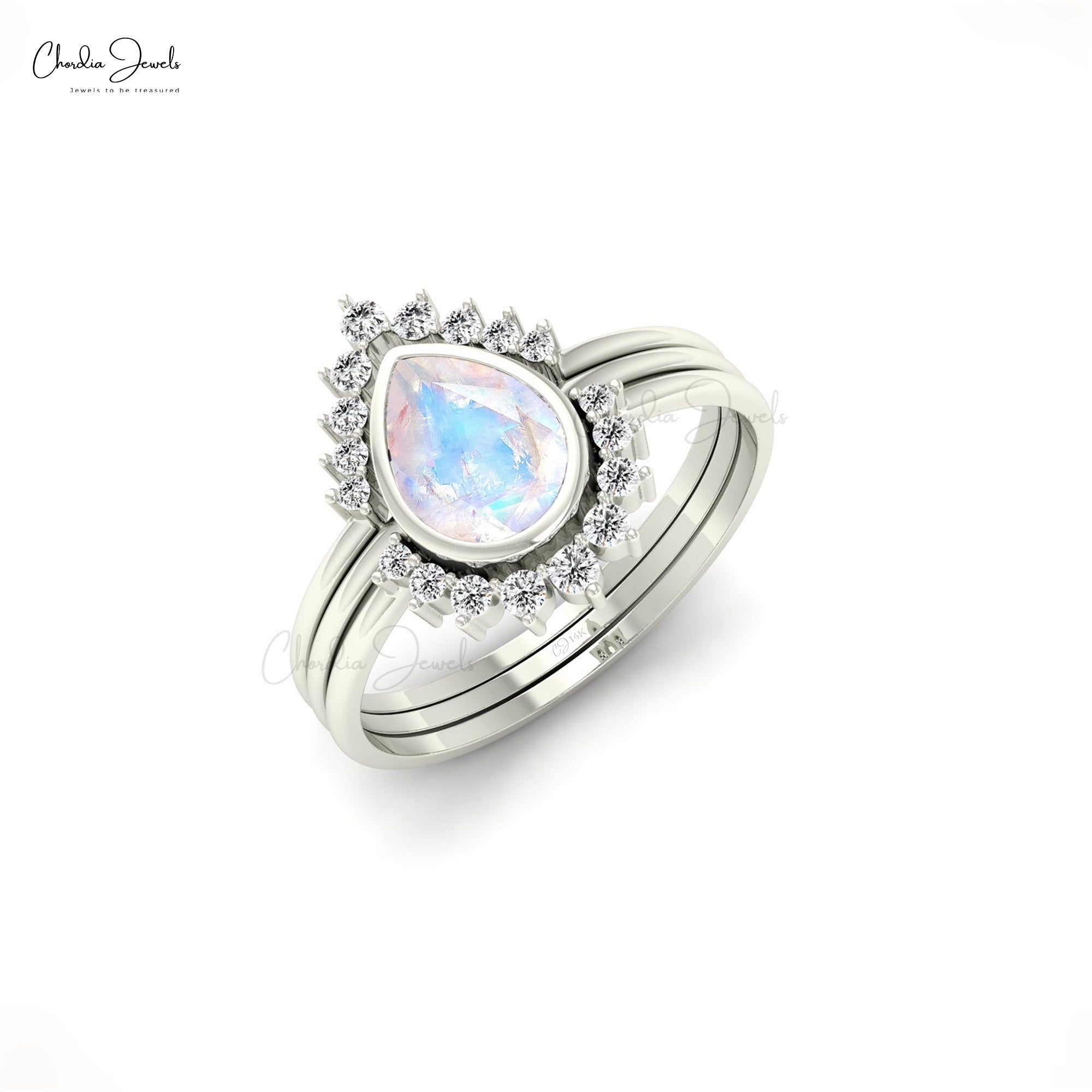 Halo Diamond Style Stacking Band With 7x5mm Moonstone Engagement Ring In 14k Real Gold