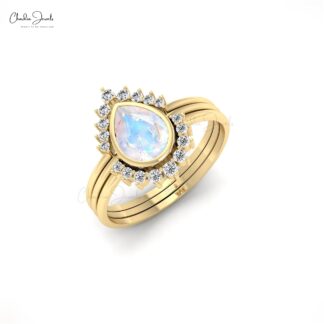 Halo Diamond Style Stacking Band With 7x5mm Moonstone Engagement Ring In 14k Real Gold