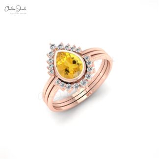 Stackable Three Band With 0.63 Ct Citrine And Halo Diamond Accents In 14k Solid Gold Ring