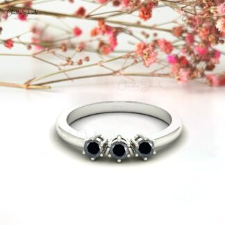 Round Black Diamond 3 Stone Ring With 0.30 Ct Diamond Trilogy Jewelry In 14k Solid Gold