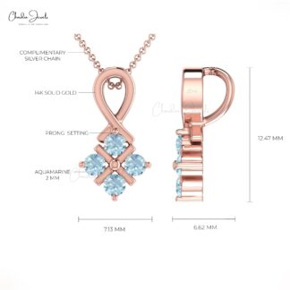 Twisted Aquamarine Pendant in 14k Solid Gold Unique Round-Cut Birthstone Jewelry