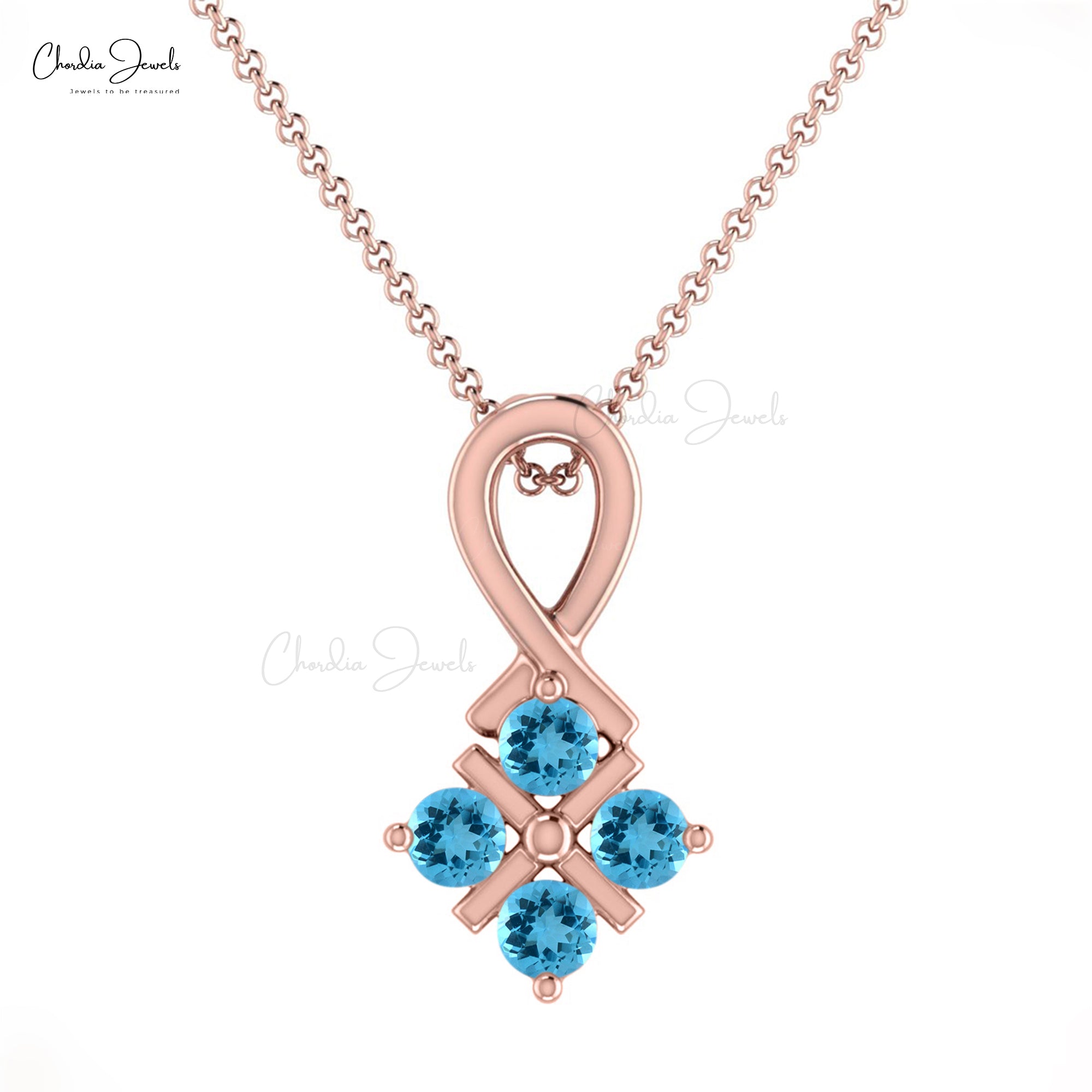 Genuine Round Swiss Blue Topaz 0.20Ct Twisted Pendant 14k Solid Gold Jewelry For Birthday