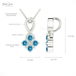 Genuine Round Swiss Blue Topaz 0.20Ct Twisted Pendant 14k Solid Gold Jewelry For Birthday
