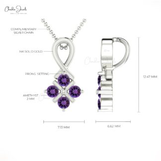 Twisted Wedding Pendant In Solid 14k Gold Amethyst 2mm Gemstone 4 Stone Necklace