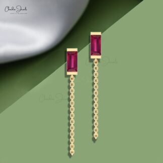Baguette Ruby Chain Earrings In 14k Solid Gold Gemstone Handmade Modern Earrings