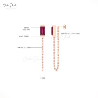 Baguette Ruby Chain Earrings In 14k Solid Gold Gemstone Handmade Modern Earrings