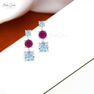 Three Stone Natural Ruby And Aquamarine Push Back Stud Earrings In 14k Solid Gold