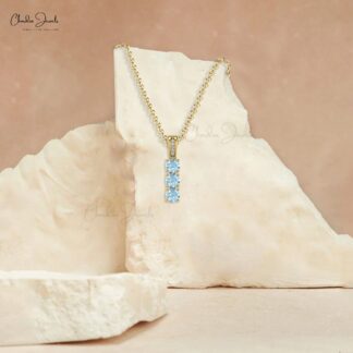 Genuine Aquamarine 3 Stone Pendant In 14k Solid Gold G-H Diamond Hallmarked Jewelry