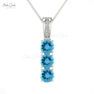 Natural Swiss Blue Topaz & Diamond Pendant 14k Solid Gold 0.90Ct Round Gemstone Jewelry