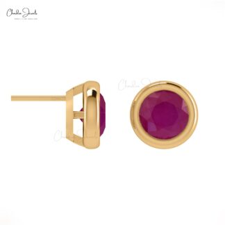 Bezel Set Natural 0.94Ct Round Ruby Solitaire Stud Earrings in Real 14k Gold