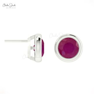 Bezel Set Natural 0.94Ct Round Ruby Solitaire Stud Earrings in Real 14k Gold