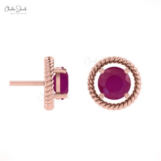 Real 14k Gold Spiral 5mm Ruby Gemstone Push Back Solitaire Earrings For Her