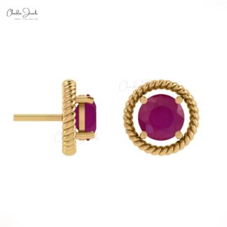 Real 14k Gold Spiral 5mm Ruby Gemstone Push Back Solitaire Earrings For Her