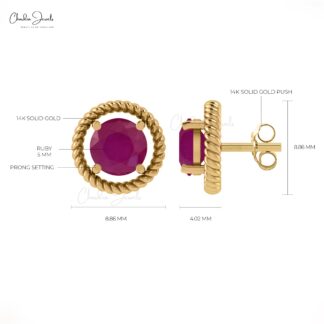 Real 14k Gold Spiral 5mm Ruby Gemstone Push Back Solitaire Earrings For Her