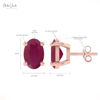 Solitaire 0.82Ct Oval Burma Ruby July Birthstone Accents in 14k Solid Gold Studs For Love