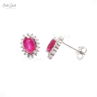 Genuine Ruby Solitaire Earrings with Diamond Halo in 14k White Gold Wedding Gift