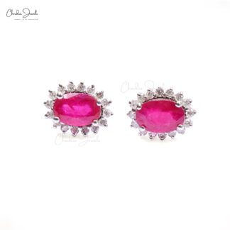 Genuine Ruby Solitaire Earrings with Diamond Halo in 14k White Gold Wedding Gift