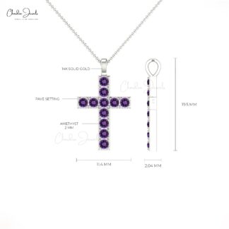 Purple Amethyst Gemstone Religious Pendant 14k Solid Gold 0.66Ct Round Cut Cross Jewelry
