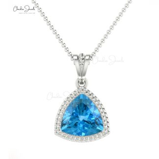 Dangling Trillion Pendant With 6mm Swiss Blue Topaz Prong Set In 14k Real Gold Jewelry