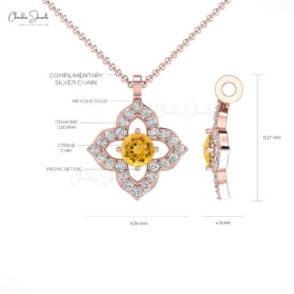 Floral Unique Pendant In 14k Solid Gold Citrine 0.17 Ct Gemstone And Diamond Clover Pendants