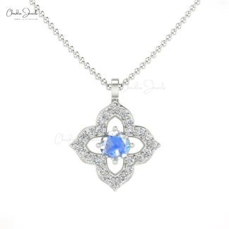 Round Floral Wedding Pendant With 3mm Rainbow Moonstone Real 14k Gold Diamond Jewelry