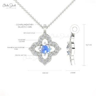 Round Floral Wedding Pendant With 3mm Rainbow Moonstone Real 14k Gold Diamond Jewelry