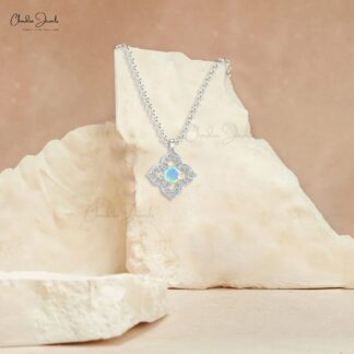Round Fire Opal Floral Pendant In 14k Solid Gold Gemstone And Pave Diamond Fine Jewelry