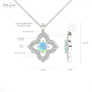 Round Fire Opal Floral Pendant In 14k Solid Gold Gemstone And Pave Diamond Fine Jewelry
