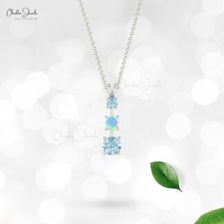 Trio Prong Set Pendant With 0.16 Ct Fire Opal And Aquamarine 14k Real Gold Necklace